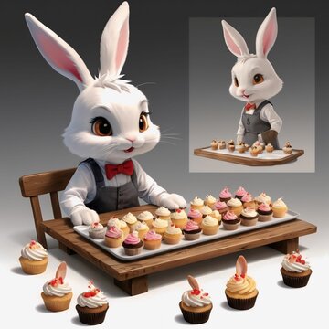 Easter theme with Easter eggs and white bunnies on a clean background, with soft shadows and delicate details.
