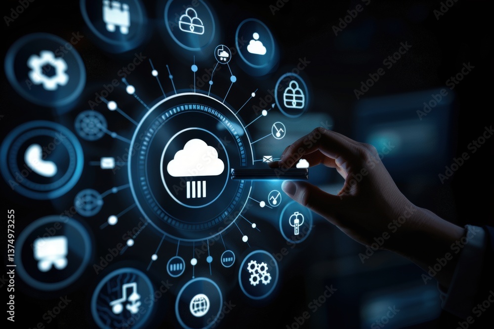 Poster a hand interacts with digital cloud icons, representing technology, data management, and cloud compu