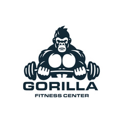 Gorilla monkey holding dumbble for gym fitness bodybuilding sport logo design