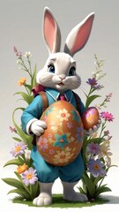 Easter theme with Easter eggs and white bunnies on a clean background, with soft shadows and delicate details.