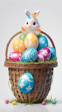 Easter theme with Easter eggs and white bunnies on a clean background, with soft shadows and delicate details.