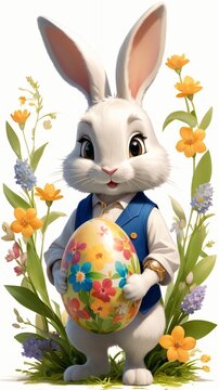 Easter theme with Easter eggs and white bunnies on a clean background, with soft shadows and delicate details.