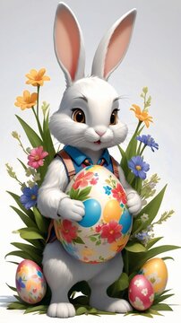 Easter theme with Easter eggs and white bunnies on a clean background, with soft shadows and delicate details.