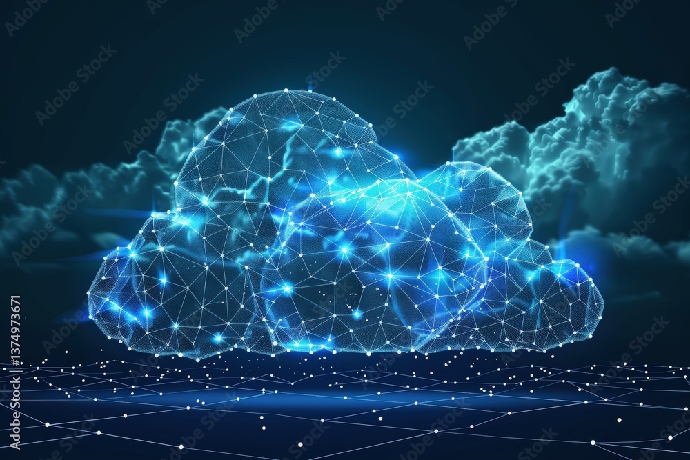 Poster a digital representation of a cloud network, showcasing interconnected nodes and a futuristic design