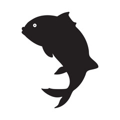 Black fish silhouette isolated on white background. Simple aquatic animal icon for fishing, marine life, seafood, and ocean-related designs and illustrations.