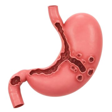 a stomach with multiple gastric ulcers, depicting damage to the stomach, stomach ulcer, gastric ulcer, peptic ulcer, stomach disease, digestive system, medical illustration, anatomy, ulcer, sore, lesi
