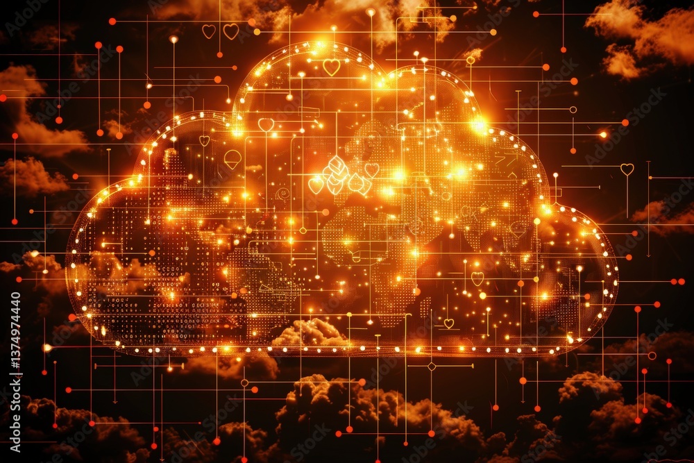 Poster a digital cloud with glowing connections and symbols representing data flow, set against a dark, clo