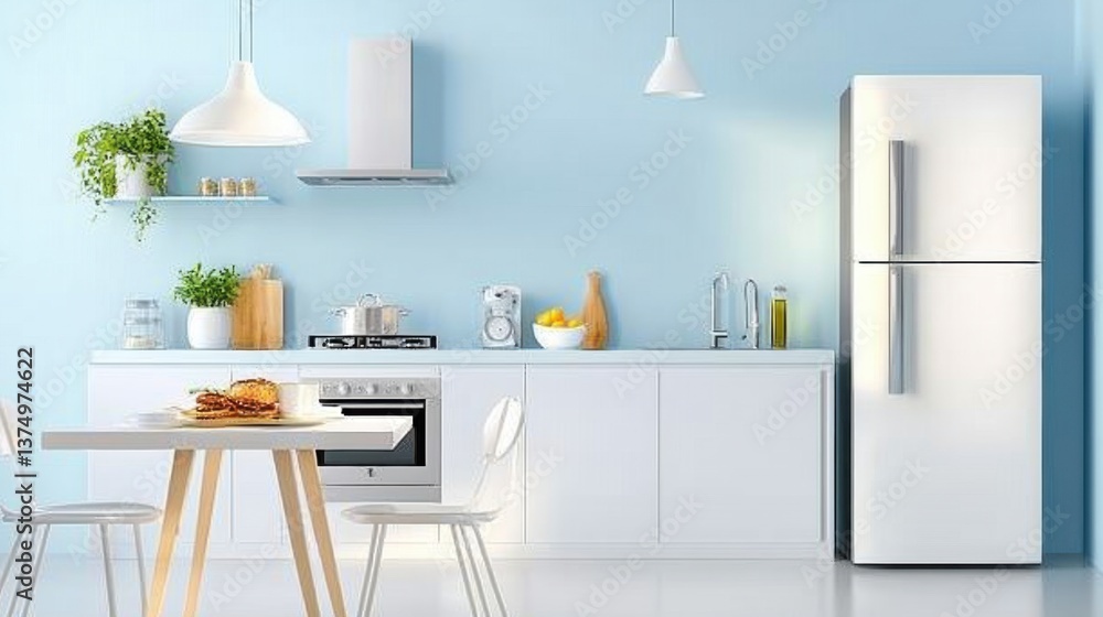 Poster streamlined and efficient kitchen design featuring a compact layout, bright lighting, and foldable o
