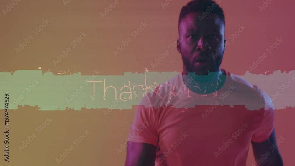 Poster standing man with animation glitch effect text thank you on colorful background