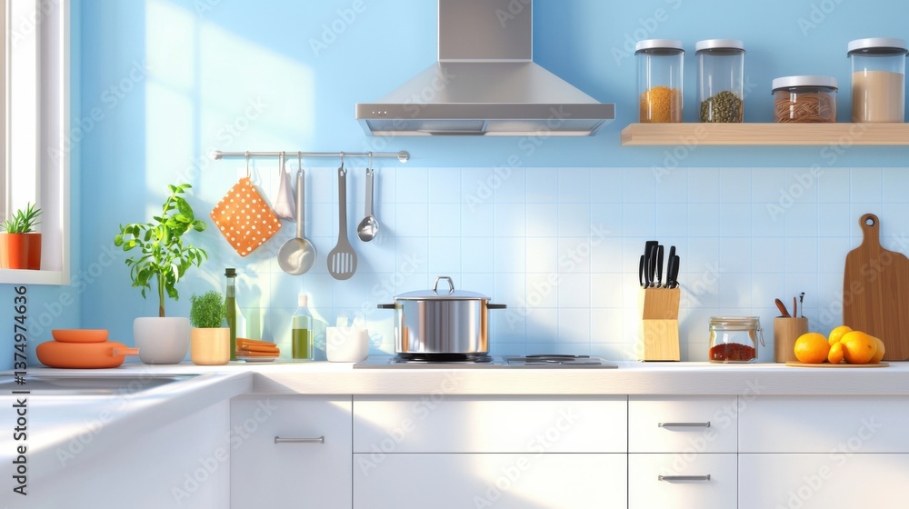 Poster a modern, minimalist kitchen with a compact, efficient design featuring foldable appliances and a sm