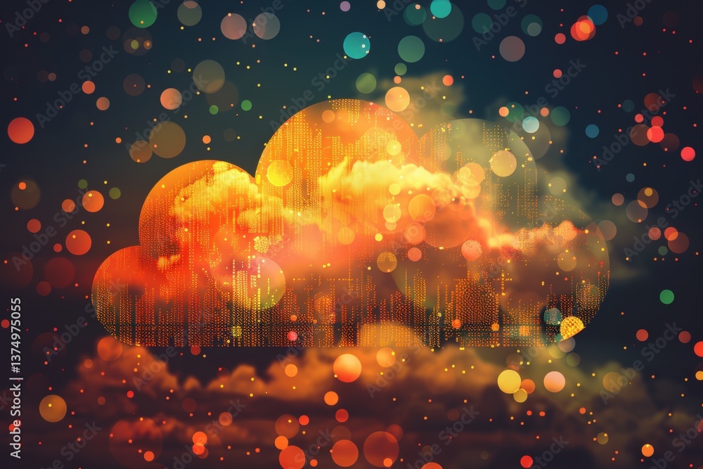 Poster a vibrant digital cloud formation surrounded by colorful bokeh lights, creating a surreal and atmosp