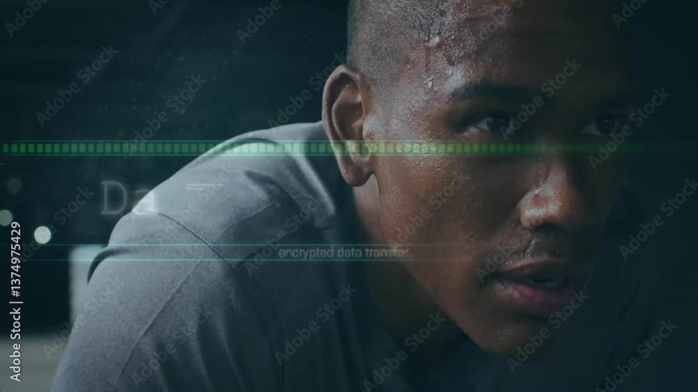 Poster sweating athlete with encrypted data transfer animation overlay on face