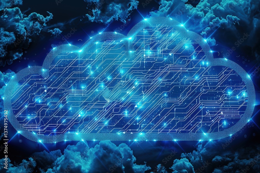 Poster a digital cloud composed of circuit patterns, glowing against a backdrop of clouds, symbolizing tech