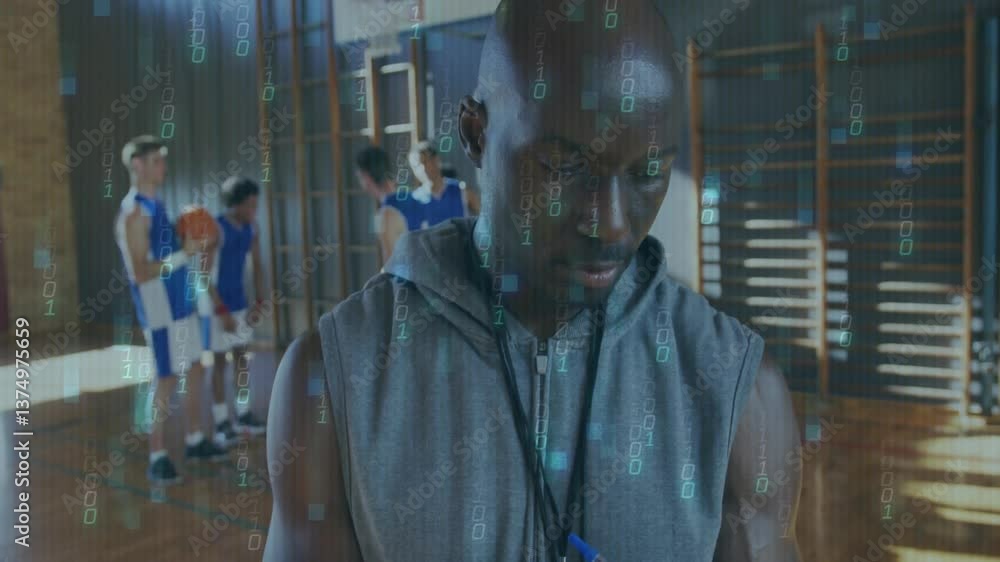Poster coach in gym with binary code animation over basketball players practicing