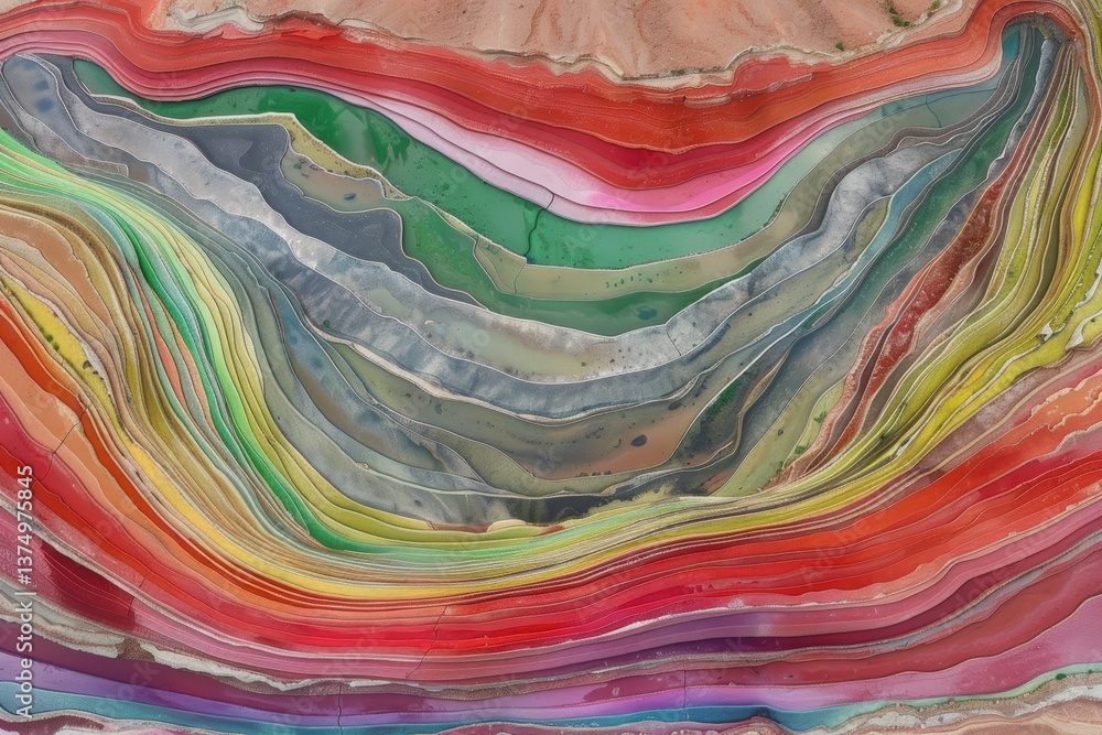 Poster a vibrant abstract pattern showcasing flowing layers of color reminiscent of geological formations.