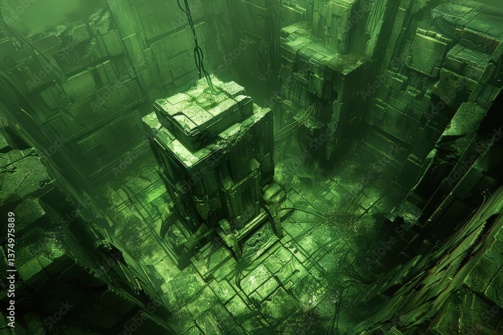 Poster a mysterious, green-lit underground environment featuring abstract structures and intricate patterns