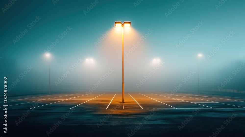 Poster towering floodlights illuminate an abandoned stadium, casting an eerie glow through the dense, billo