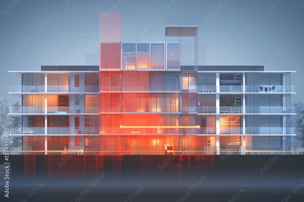 Poster a modern architectural design showcasing a multi-level building with illuminated interiors and a sle