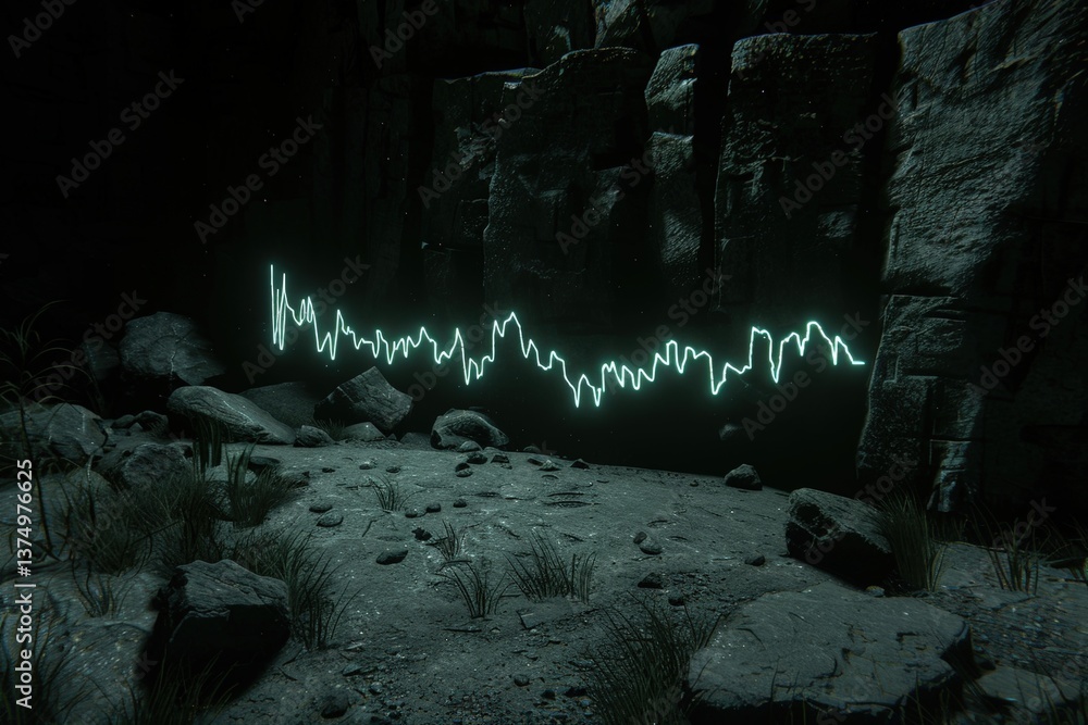 Poster a dark, rocky cave features a glowing line graph, representing data or sound waves, amidst sparse ve