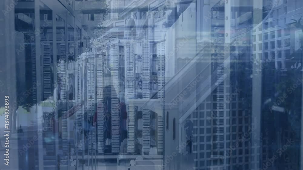 Poster abstract geometric patterns blending with urban architecture in blue tones