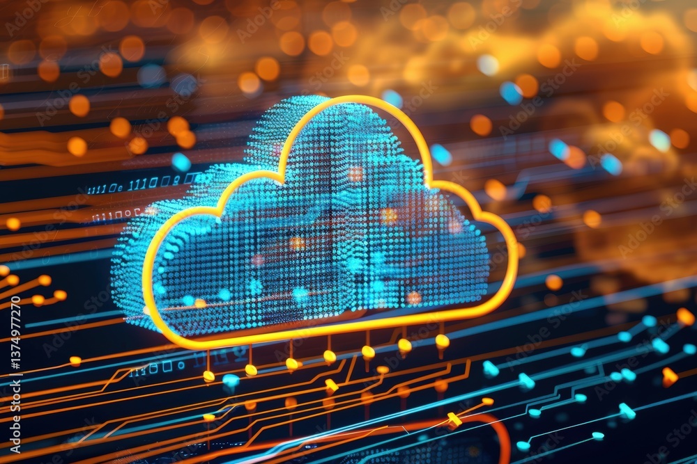Poster a digital representation of a cloud symbol, surrounded by glowing data streams, illustrating cloud c