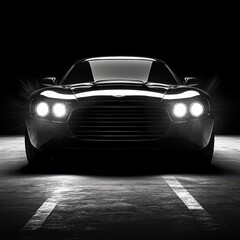 Naklejka premium A sleek black sports car with glossy curves and sharp lines is parked in a dimly lit room, casting dramatic shadows that accentuate its aerodynamic design and luxurious finish.