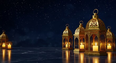 Obraz premium Golden Lanterns Glowing Against a Starry Background for Ramadan Celebration