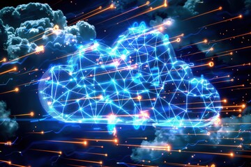 A glowing digital cloud surrounded by bright lines and clouds, representing cloud computing and data flow.