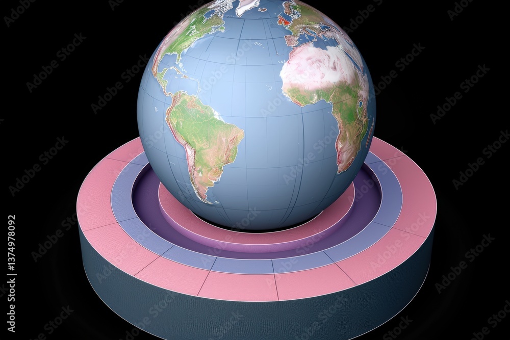 Poster a 3d globe with colorful concentric circles underneath, representing layers of information or data r