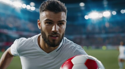 A soccer player in full motion, deftly controlling the ball as they stride across the field with focus and athleticism.