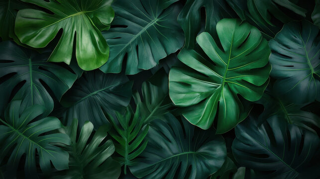 Lush Tropical Foliage Background with Monstera and Palm Leaves