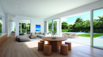 Fototapeta premium Bright and airy contemporary studio with an open layout featuring a living area and dining space, minimalist furniture, and natural decor elements.