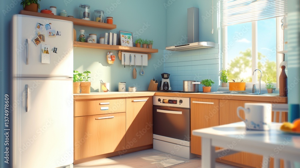 Poster a compact and functional kitchen with a warm, minimalist aesthetic and optimized layout for efficien