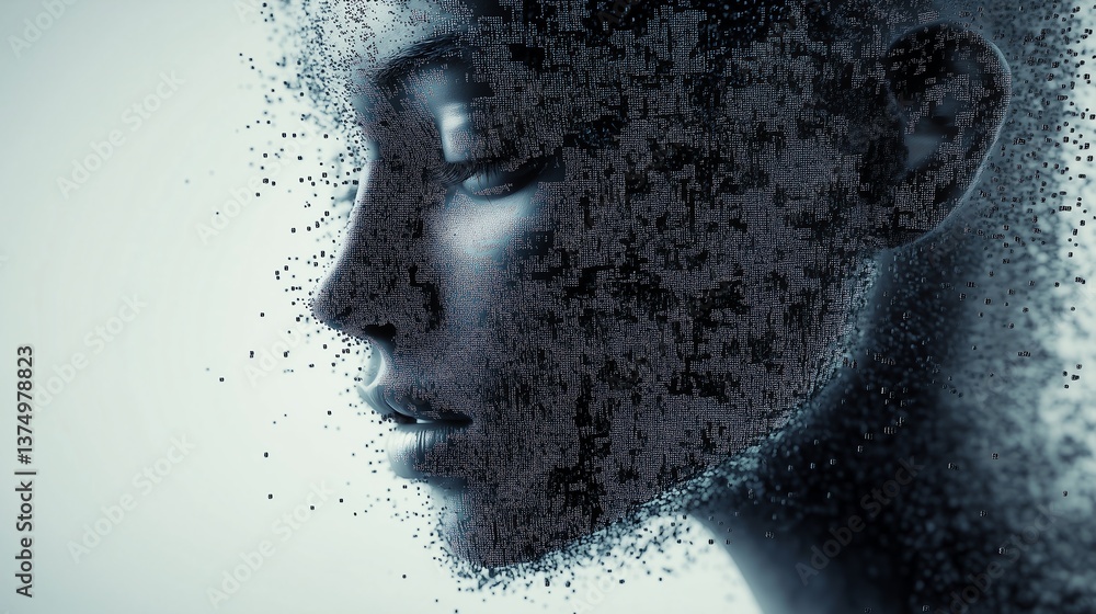 Poster 3d human face transforming into hexadecimal code particles with high contrast white background, idea