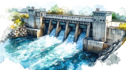 Aerial watercolor illustration of a hydroelectric dam with soft, sketch-like details. Industrial concept in a fantasy art style on a white background.