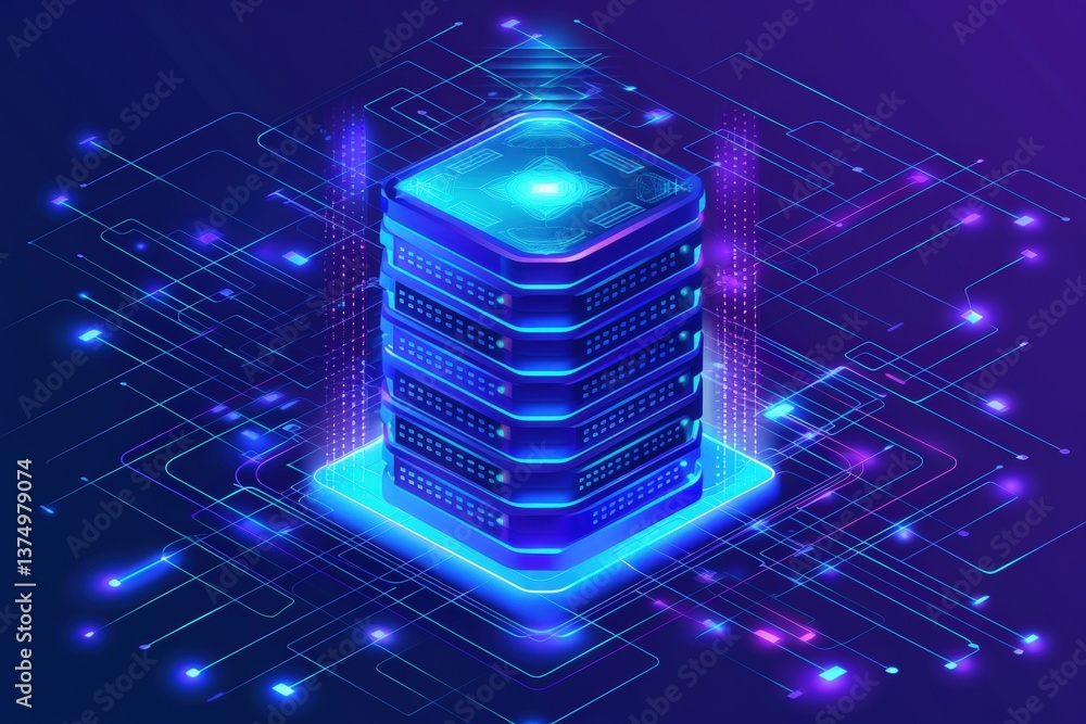 Poster a vibrant, futuristic illustration of a data server tower surrounded by glowing circuits and digital