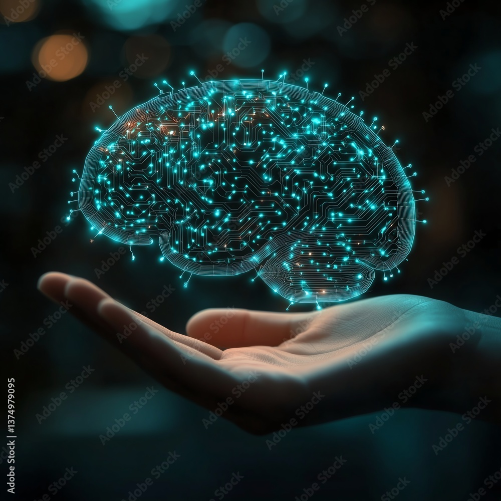 Poster ai brain circuit on open hand - futuristic machine learning concept with copy space - 1:1 aspect rat