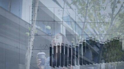 Using smartphone, businesswoman viewing financial graphs with urban animation background - Powered by Adobe