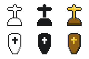 Grave and Coffin, Pixel Art Icon Set in Variant Styles