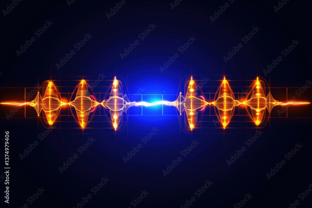 Poster a vibrant visual representation of sound waves, displaying fluctuating frequencies in orange and blu