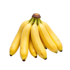 A bunch of ripe yellow bananas with brown spots, isolated on a transparent background.