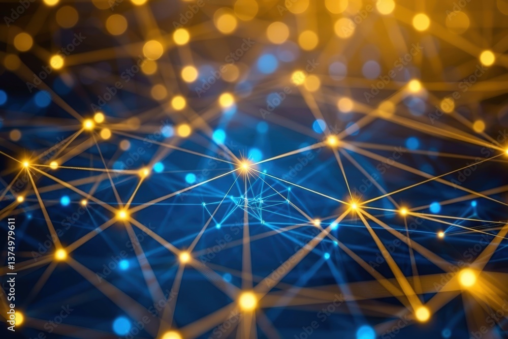 Poster a vibrant, abstract representation of interconnected nodes and lines, showcasing a digital network o