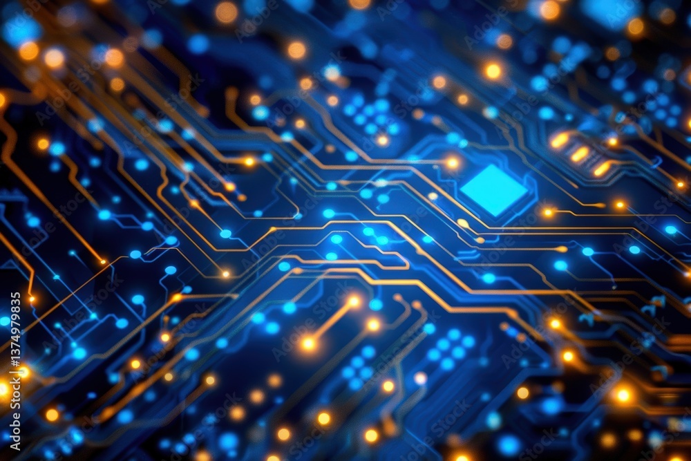 Aufkleber a close-up view of a vibrant circuit board with blue and orange patterns, showcasing the intricate d
