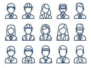 Minimalist vector illustration of a business avatar set, featuring office professionals in simple blue line art on a clean white background, ideal for profile pictures and social media