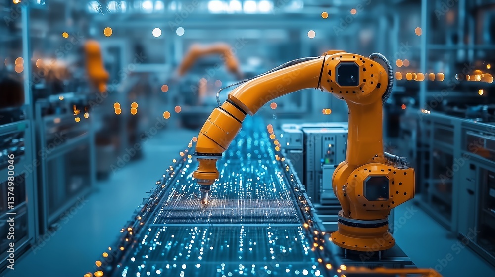 Poster smart industry robot arms in digital factory - industry 4.0 automation process visualization