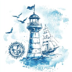 Elegant stamp graphic design with a retro marine theme, presented in a watercolor style with light blue tones, meticulously crafted with flawless and crisp details