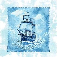 Elegant stamp graphic design with a retro marine theme, presented in a watercolor style with light blue tones, meticulously crafted with flawless and crisp details