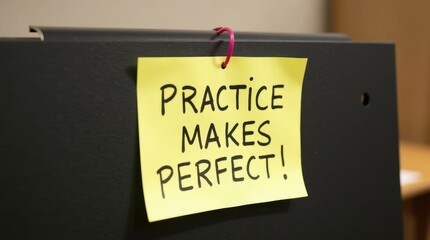 Mockup note on practice makes perfect office setting visual reminder professional environment close-up view for motivation