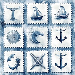 Elegant stamp graphic design with a retro marine theme, presented in a watercolor style with light blue tones, meticulously crafted with flawless and crisp details