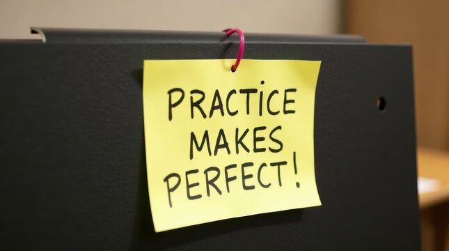 Mockup note on practice makes perfect office setting visual reminder professional environment close-up view for motivation